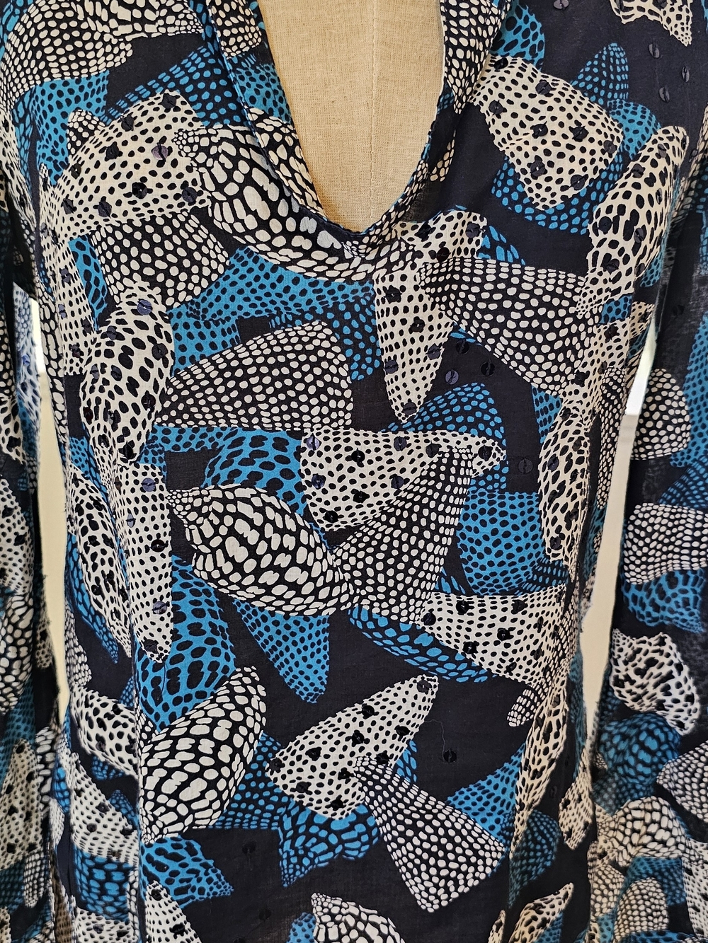 Tory Burch Teal, Black & White Animal Print Blouse Size 4